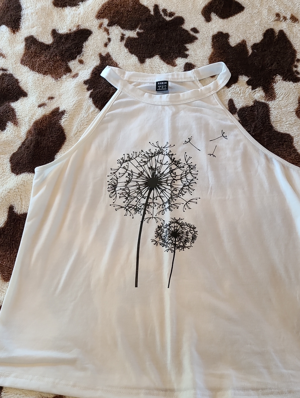 SHEIN White Halter Tank Top with Black Dandelion Print